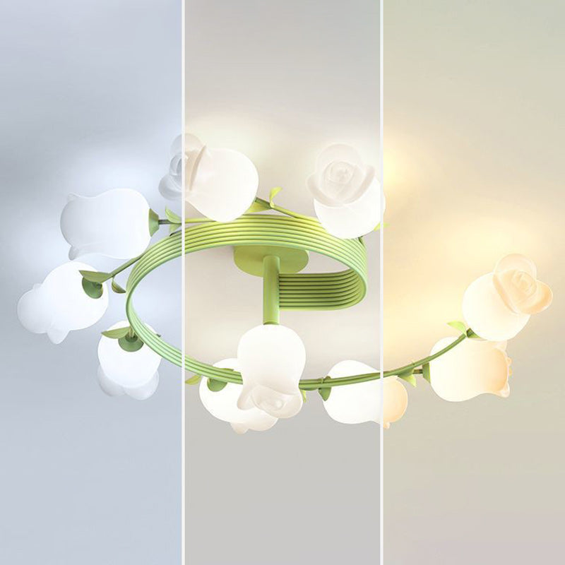 Zeitgenössische kreative Zweig Rose Blume lange Eisen PE 4/5/6/10 Licht Semi-Flush Mount Deckenleuchte für Wohnzimmer 