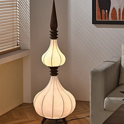 Traditional French Oval Teardrop Onion Multilayer Ash Wood Fabric LED Standing Floor Lamp For Living Room