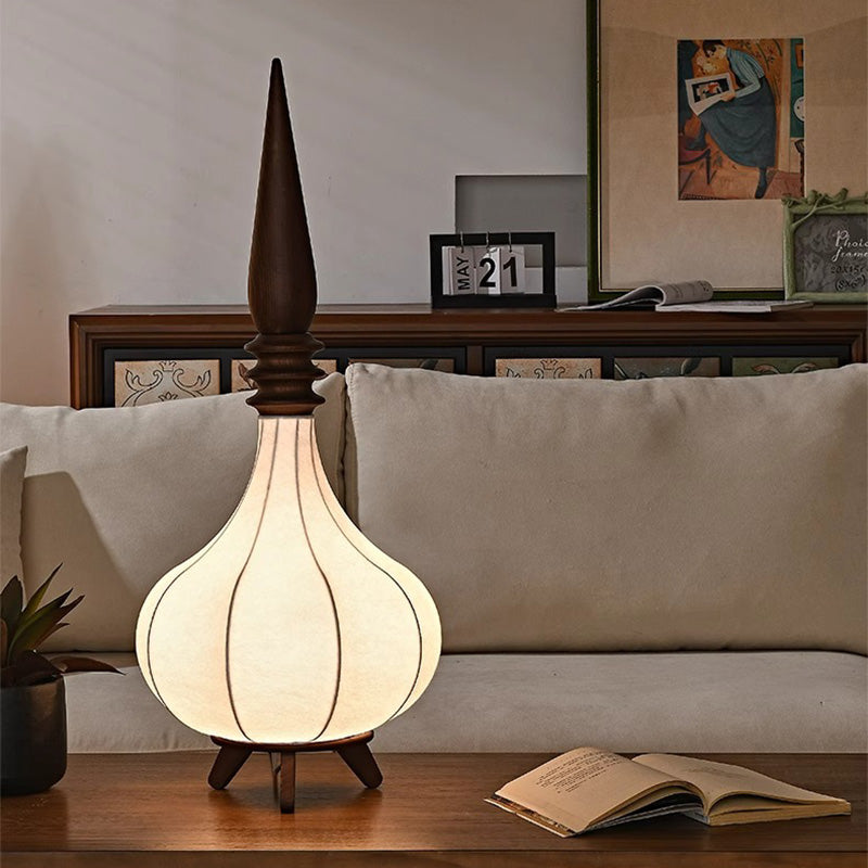 Traditional French Oval Teardrop Onion Multilayer Ash Wood Fabric LED Standing Floor Lamp For Living Room