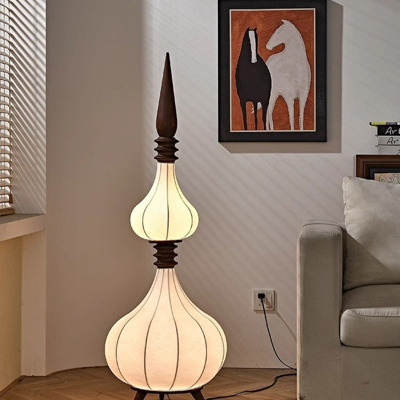 Traditional French Oval Teardrop Onion Multilayer Ash Wood Fabric LED Standing Floor Lamp For Living Room