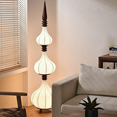 Traditional French Oval Teardrop Onion Multilayer Ash Wood Fabric LED Standing Floor Lamp For Living Room