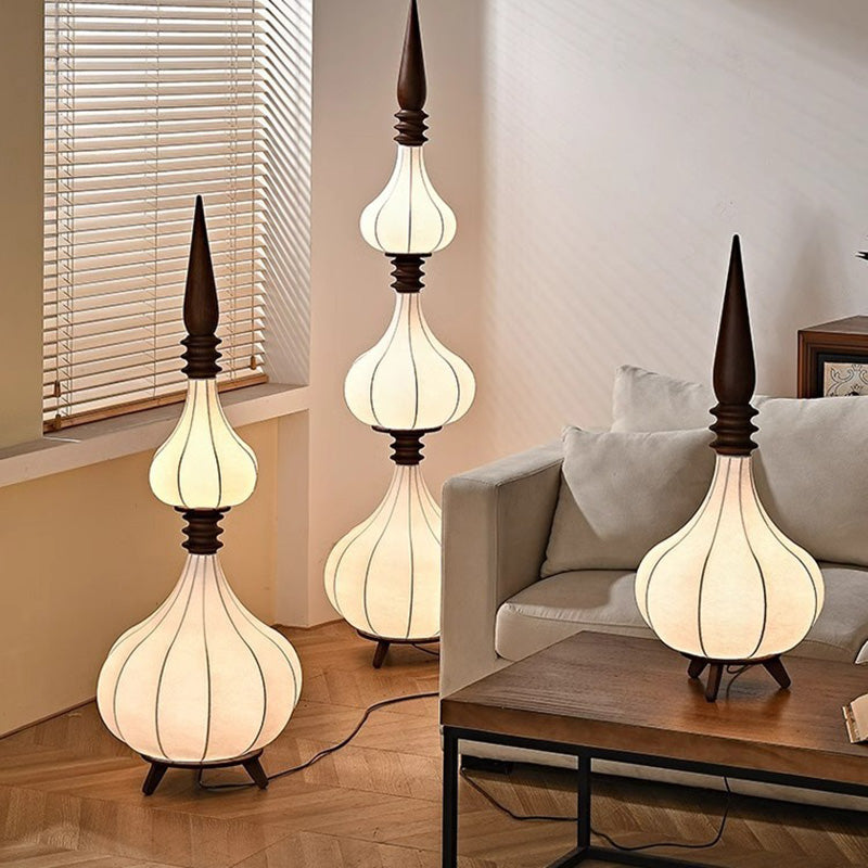 Traditional French Oval Teardrop Onion Multilayer Ash Wood Fabric LED Standing Floor Lamp For Living Room