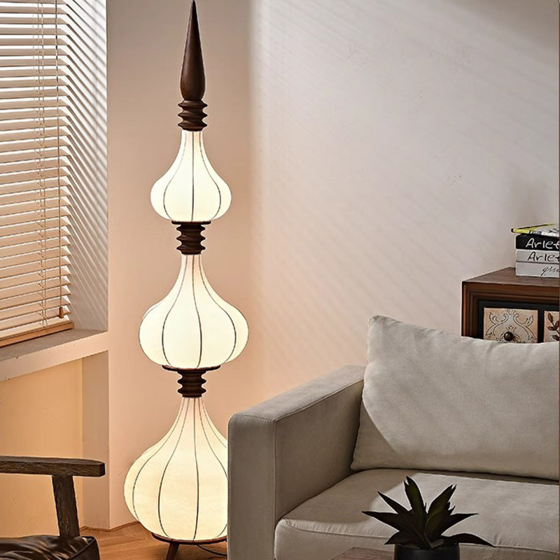 Traditional French Oval Teardrop Onion Multilayer Ash Wood Fabric LED Standing Floor Lamp For Living Room