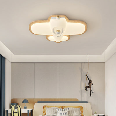 Contemporary Creative Cartoon Airplane Rubberwood PE LED Flush Mount Ceiling Light For Bedroom