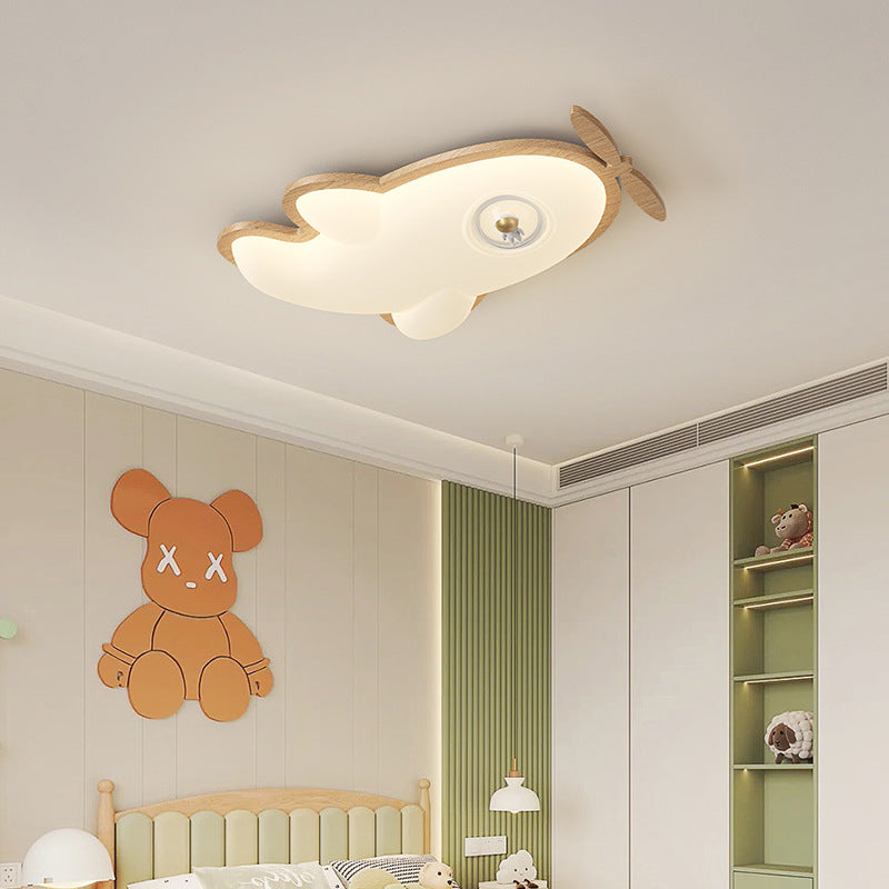 Contemporary Creative Cartoon Airplane Rubberwood PE LED Flush Mount Ceiling Light For Bedroom