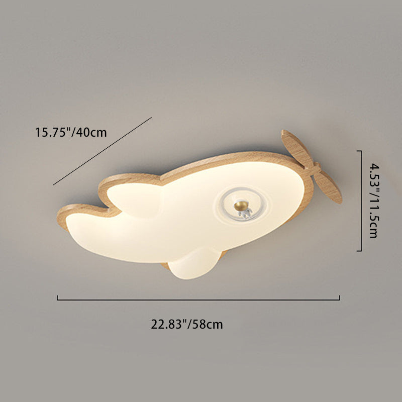 Contemporary Creative Cartoon Airplane Rubberwood PE LED Flush Mount Ceiling Light For Bedroom