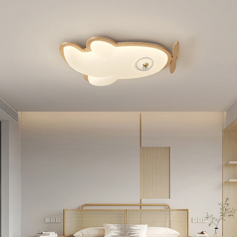 Contemporary Creative Cartoon Airplane Rubberwood PE LED Flush Mount Ceiling Light For Bedroom