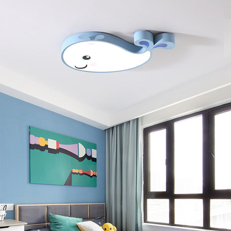 Contemporary Scandinavian Cartoon Kids Whale Iron Acrylic LED Flush Mount Ceiling Light For Bedroom