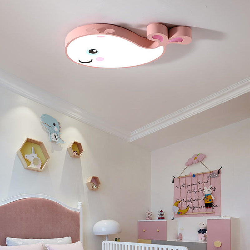 Contemporary Scandinavian Cartoon Kids Whale Iron Acrylic LED Flush Mount Ceiling Light For Bedroom