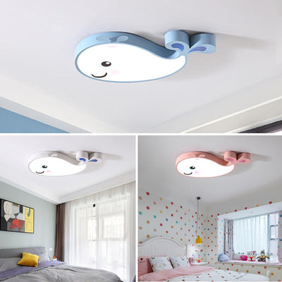 Contemporary Scandinavian Cartoon Kids Whale Iron Acrylic LED Flush Mount Ceiling Light For Bedroom