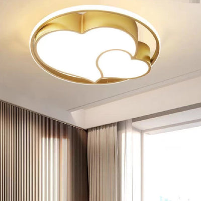 Contemporary Scandinavian Romantic Double Heart Round Iron Acrylic LED Flush Mount Ceiling Light For Bedroom