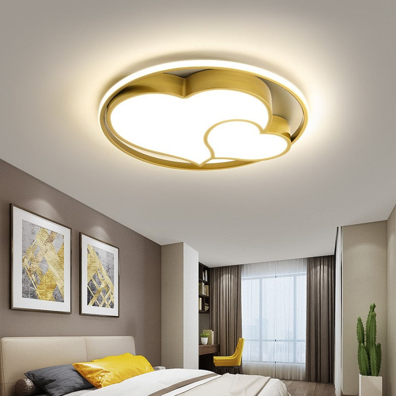 Contemporary Scandinavian Romantic Double Heart Round Iron Acrylic LED Flush Mount Ceiling Light For Bedroom