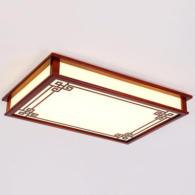 Traditional Chinese Rectangle Square Pattern Wood PVC LED Flush Mount Ceiling Light For Living Room