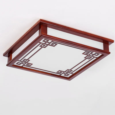 Traditional Chinese Rectangle Square Pattern Wood PVC LED Flush Mount Ceiling Light For Living Room