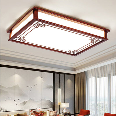 Traditional Chinese Rectangle Square Pattern Wood PVC LED Flush Mount Ceiling Light For Living Room