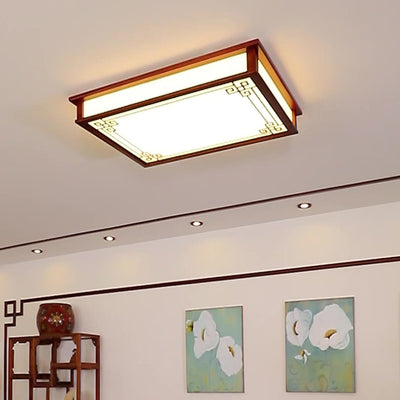 Traditional Chinese Rectangle Square Pattern Wood PVC LED Flush Mount Ceiling Light For Living Room