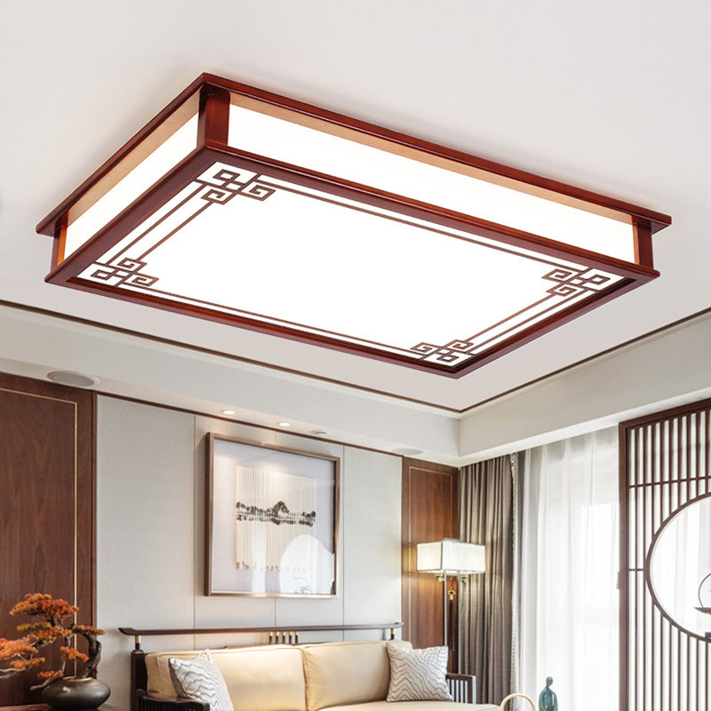 Traditional Chinese Rectangle Square Pattern Wood PVC LED Flush Mount Ceiling Light For Living Room