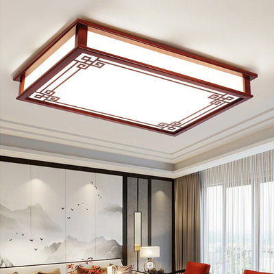 Traditional Chinese Rectangle Square Pattern Wood PVC LED Flush Mount Ceiling Light For Living Room