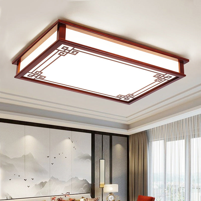 Traditional Chinese Rectangle Square Pattern Wood PVC LED Flush Mount Ceiling Light For Living Room