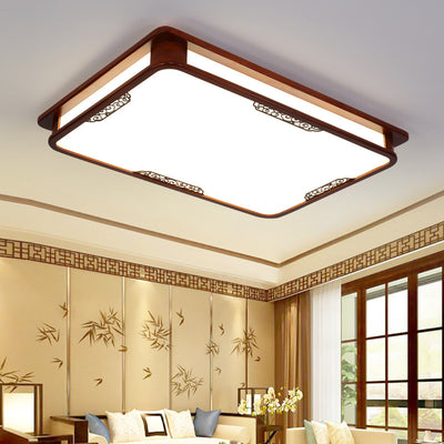 Traditional Chinese Rectangle Square Pattern Wood PVC LED Flush Mount Ceiling Light For Living Room