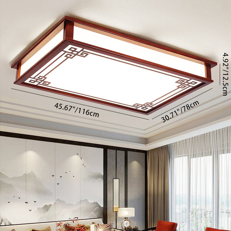 Traditional Chinese Rectangle Square Pattern Wood PVC LED Flush Mount Ceiling Light For Living Room