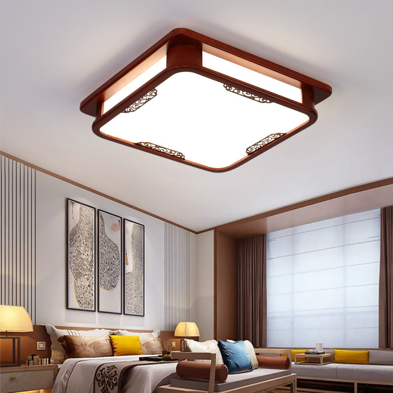 Traditional Chinese Rectangle Square Pattern Wood PVC LED Flush Mount Ceiling Light For Living Room