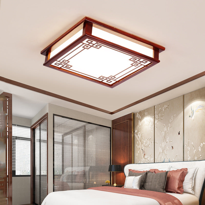 Traditional Chinese Rectangle Square Pattern Wood PVC LED Flush Mount Ceiling Light For Living Room