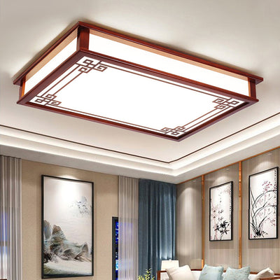 Traditional Chinese Rectangle Square Pattern Wood PVC LED Flush Mount Ceiling Light For Living Room