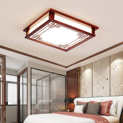 Traditional Chinese Rectangle Square Pattern Wood PVC LED Flush Mount Ceiling Light For Living Room