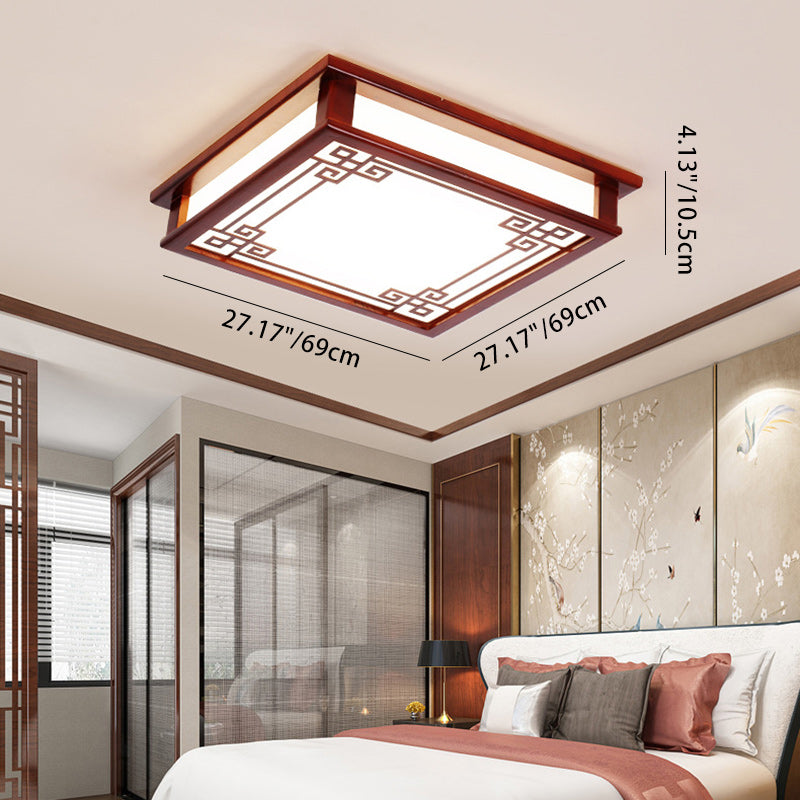 Traditional Chinese Rectangle Square Pattern Wood PVC LED Flush Mount Ceiling Light For Living Room