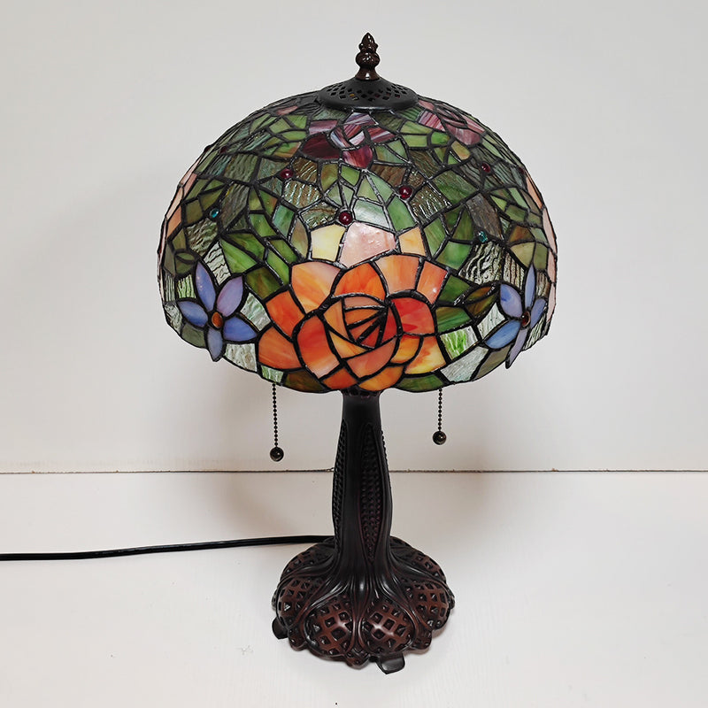 Traditional Tiffany Half Round Cylinder Petal Dragonfly Stained Glass Resin 2-Light Table Lamp For Bedroom