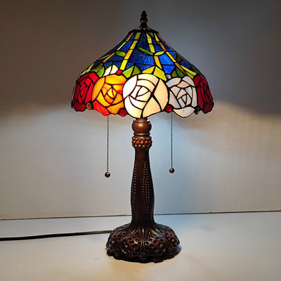 Traditional Tiffany Half Round Cylinder Petal Dragonfly Stained Glass Resin 2-Light Table Lamp For Bedroom