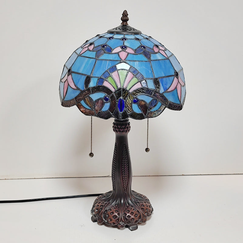 Traditional Tiffany Half Round Cylinder Petal Dragonfly Stained Glass Resin 2-Light Table Lamp For Bedroom