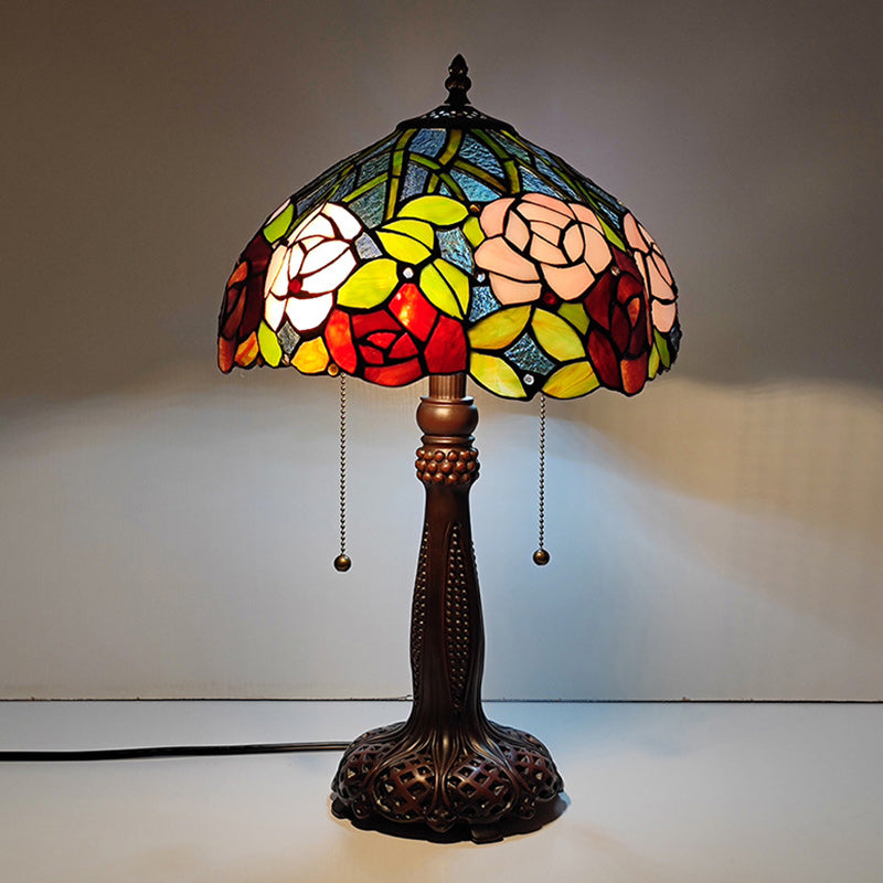 Traditional Tiffany Half Round Cylinder Petal Dragonfly Stained Glass Resin 2-Light Table Lamp For Bedroom