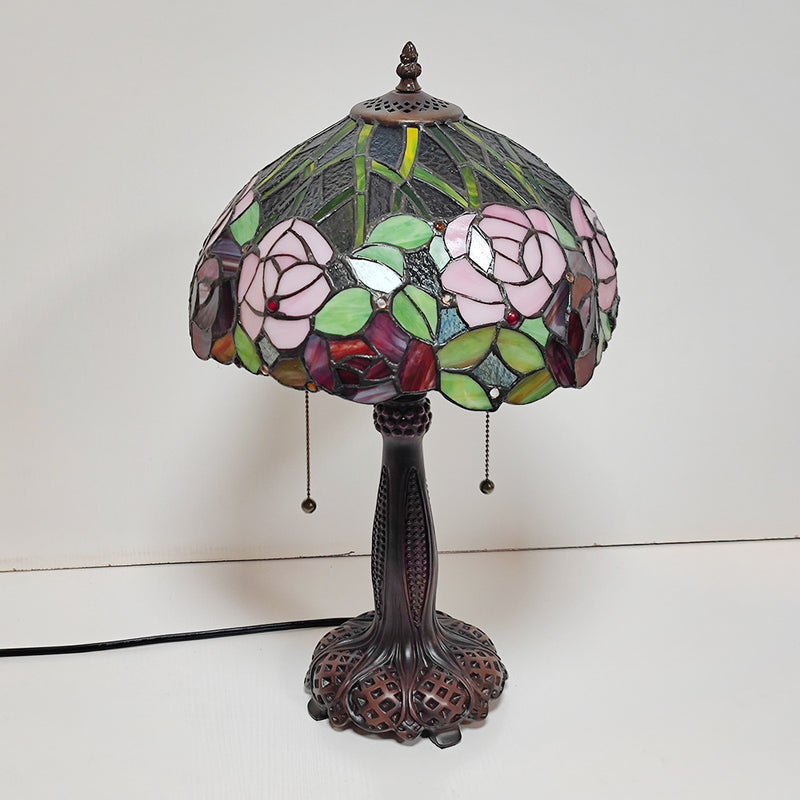 Traditional Tiffany Half Round Cylinder Petal Dragonfly Stained Glass Resin 2-Light Table Lamp For Bedroom