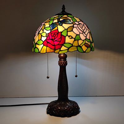 Traditional Tiffany Half Round Cylinder Petal Dragonfly Stained Glass Resin 2-Light Table Lamp For Bedroom