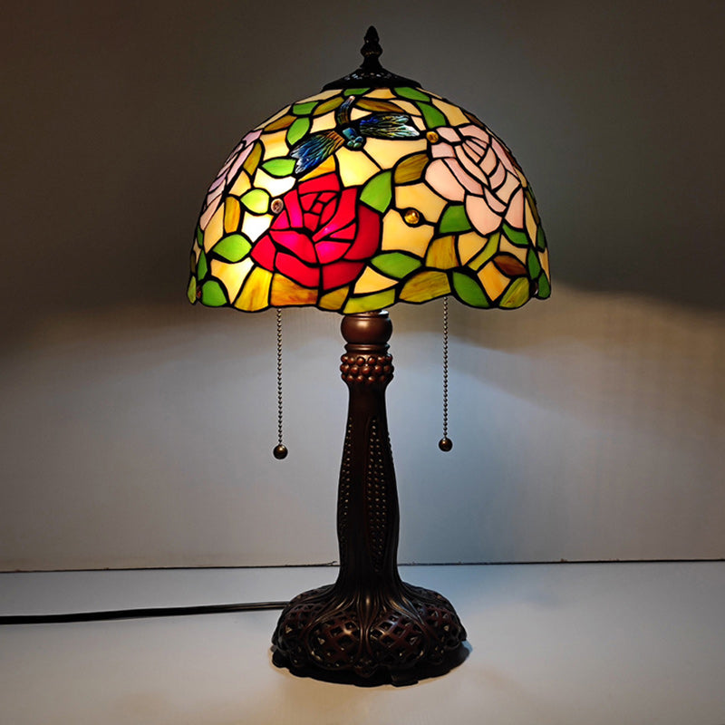 Traditional Tiffany Half Round Cylinder Petal Dragonfly Stained Glass Resin 2-Light Table Lamp For Bedroom