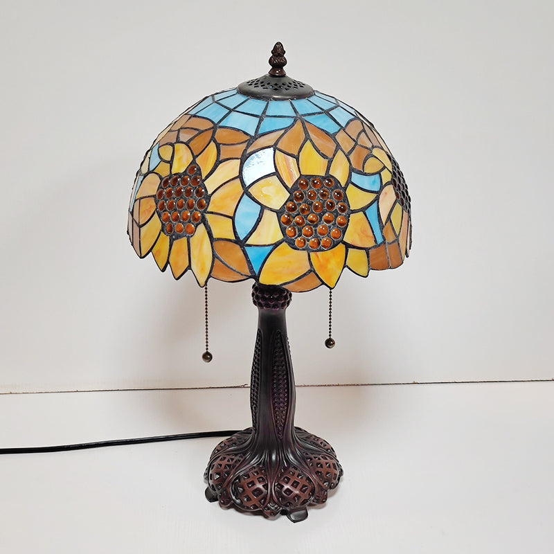 Traditional Tiffany Half Round Cylinder Petal Dragonfly Stained Glass Resin 2-Light Table Lamp For Bedroom