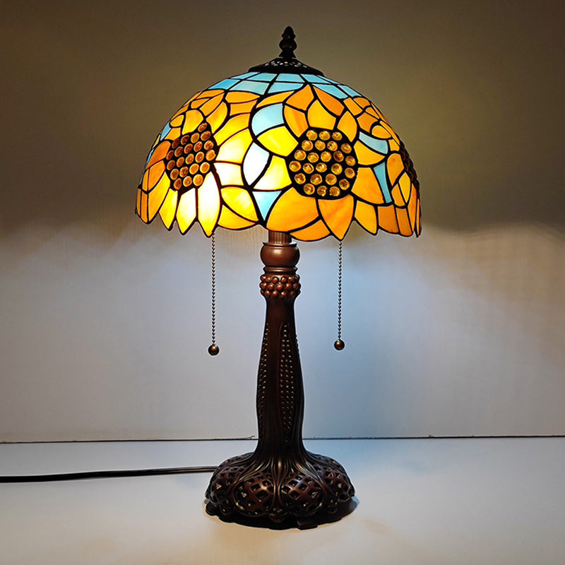 Traditional Tiffany Half Round Cylinder Petal Dragonfly Stained Glass Resin 2-Light Table Lamp For Bedroom