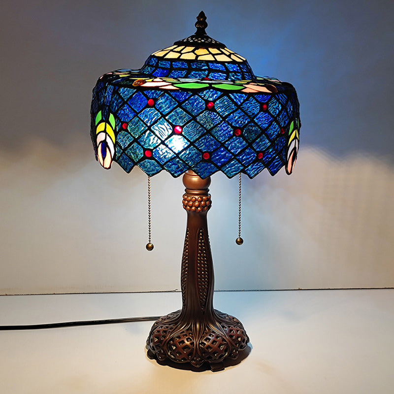 Traditional Tiffany Half Round Cylinder Petal Dragonfly Stained Glass Resin 2-Light Table Lamp For Bedroom