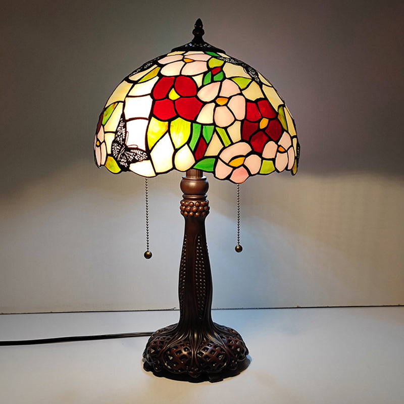 Traditional Tiffany Half Round Cylinder Petal Dragonfly Stained Glass Resin 2-Light Table Lamp For Bedroom