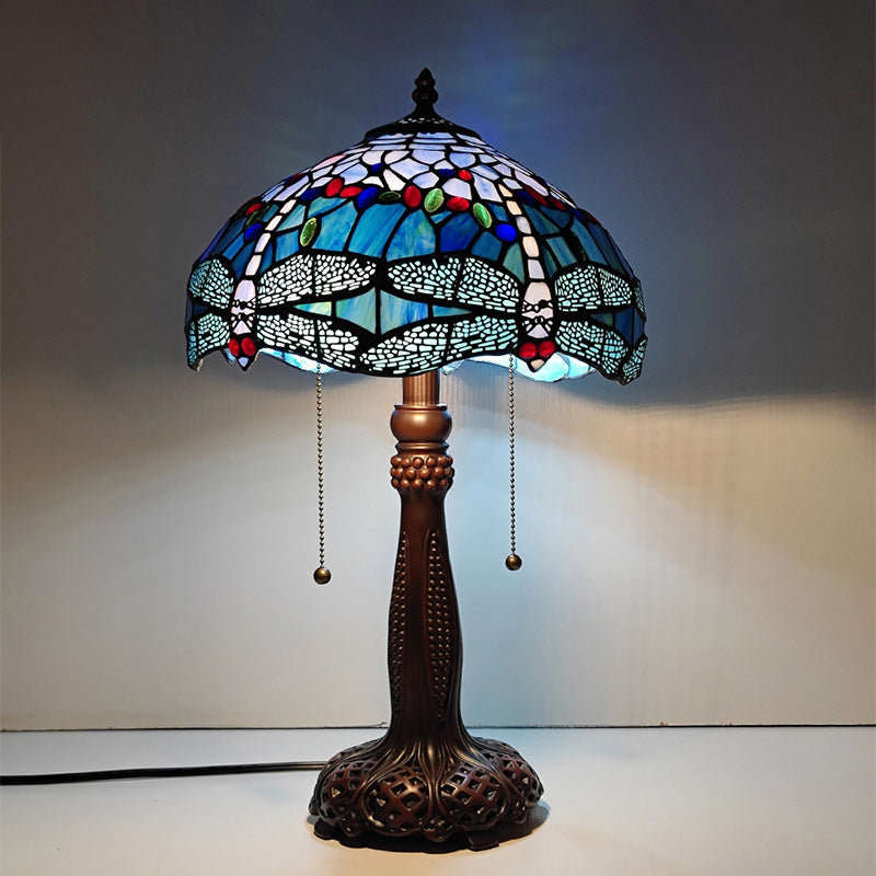 Traditional Tiffany Half Round Cylinder Petal Dragonfly Stained Glass Resin 2-Light Table Lamp For Bedroom