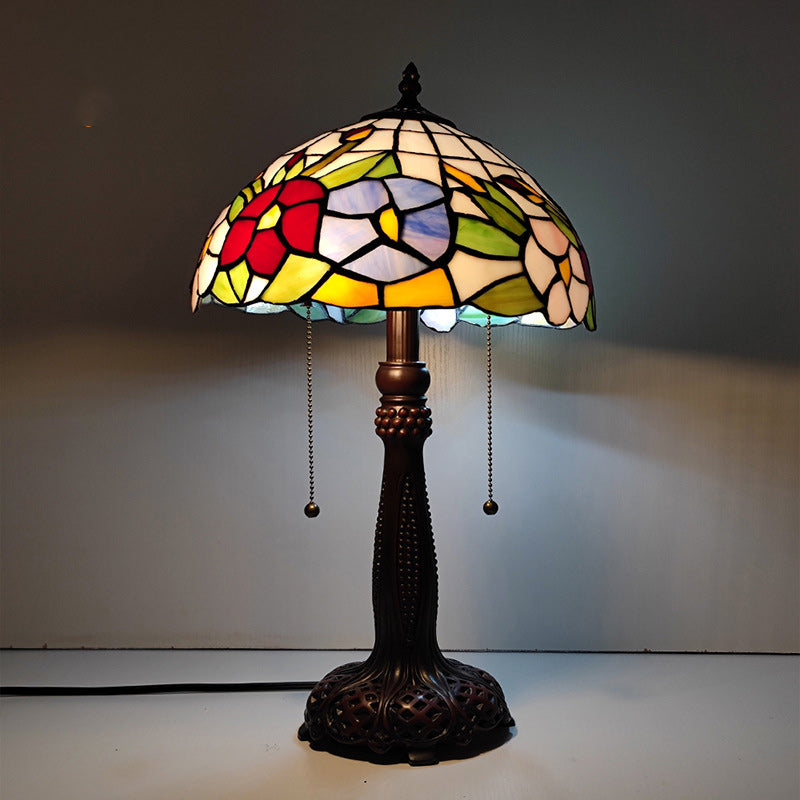 Traditional Tiffany Half Round Cylinder Petal Dragonfly Stained Glass Resin 2-Light Table Lamp For Bedroom