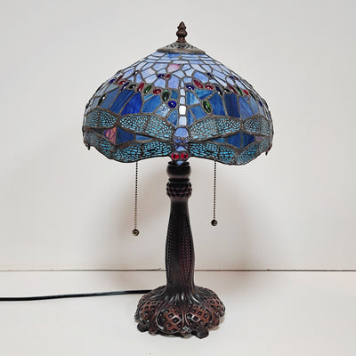 Traditional Tiffany Half Round Cylinder Petal Dragonfly Stained Glass Resin 2-Light Table Lamp For Bedroom