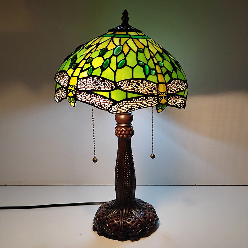 Traditional Tiffany Half Round Cylinder Petal Dragonfly Stained Glass Resin 2-Light Table Lamp For Bedroom