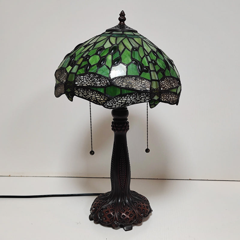 Traditional Tiffany Half Round Cylinder Petal Dragonfly Stained Glass Resin 2-Light Table Lamp For Bedroom