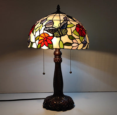 Traditional Tiffany Half Round Cylinder Petal Dragonfly Stained Glass Resin 2-Light Table Lamp For Bedroom