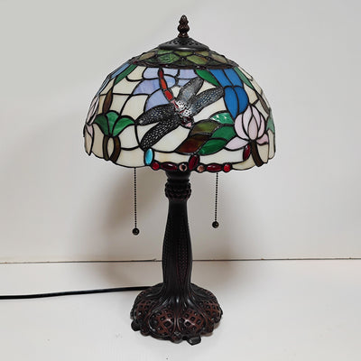 Traditional Tiffany Half Round Cylinder Petal Dragonfly Stained Glass Resin 2-Light Table Lamp For Bedroom