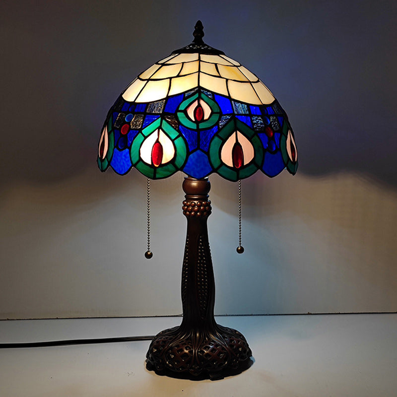 Traditional Tiffany Half Round Cylinder Petal Dragonfly Stained Glass Resin 2-Light Table Lamp For Bedroom