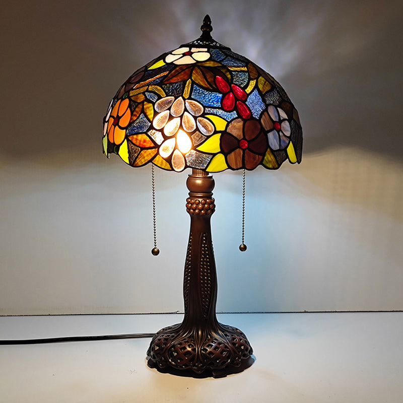 Traditional Tiffany Half Round Cylinder Petal Dragonfly Stained Glass Resin 2-Light Table Lamp For Bedroom